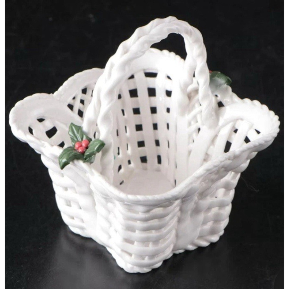 Vintage White Woven Porcelain Square 3.25" Handle Basket berry jelly bean size!